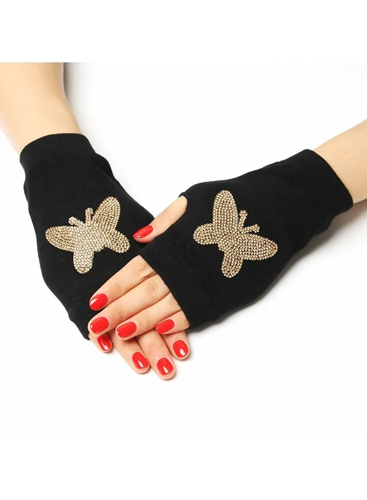 Fingerless Knit Printed Gloves