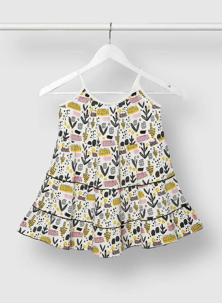 Girls Casual Cotton Trendy Wear Frock In All Over Print Black / Yellow