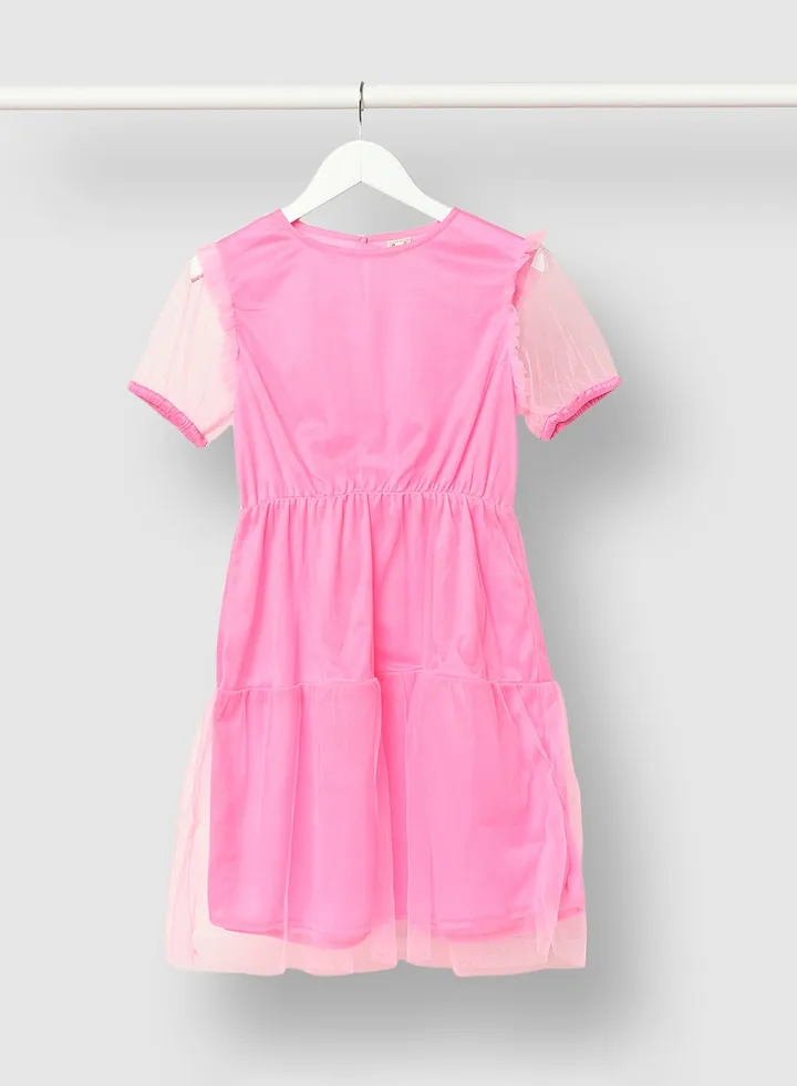 Round Neck Short Sleeve Knee Length Dress Pink