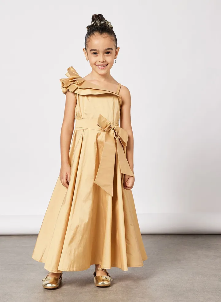 Girls One-Shoulder Ruffle Trim Dress