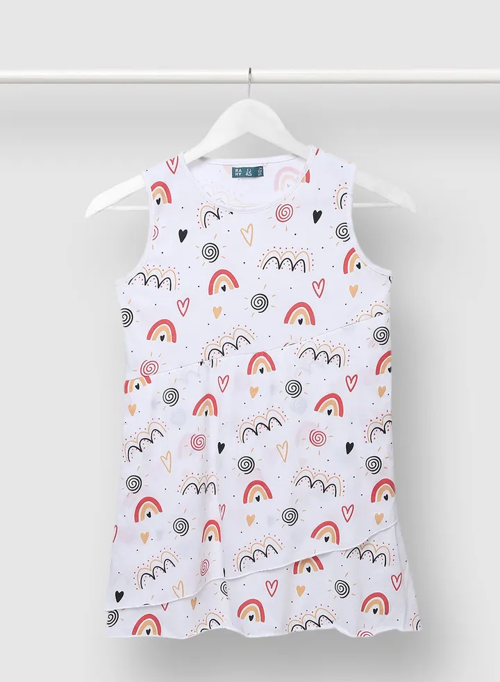 Trendy Girls Casual All Over Print Dress White