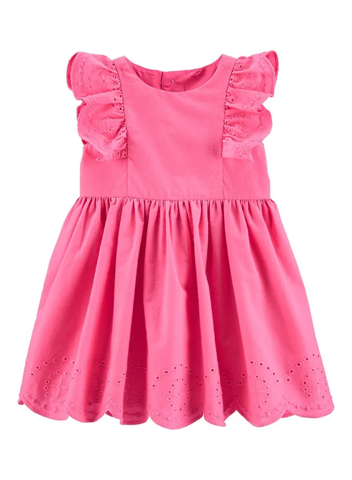 Girls Flutter Shoulders Plaid Twill Dress Pink