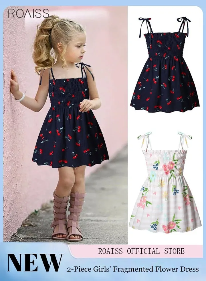 2 Piece Girl Floral Suspender Dress With Elastic Elastic At Chest And Sleeveless Lace Up Beach Dress