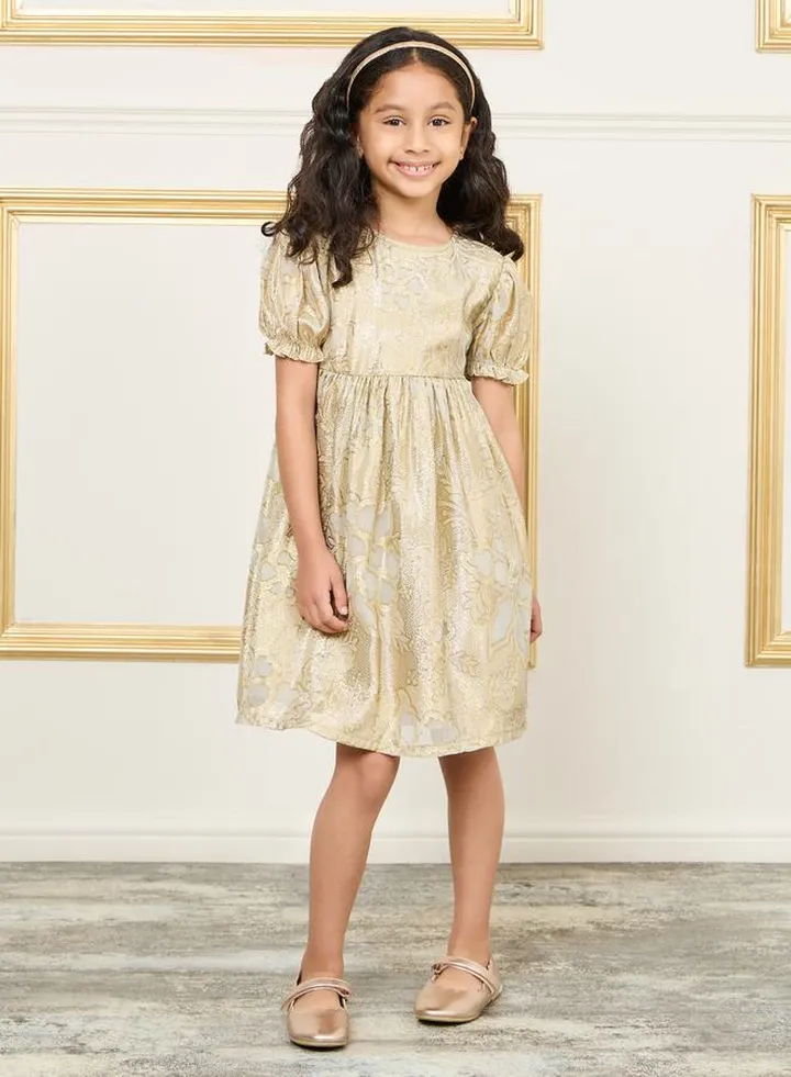 Floral Foil Print Puff Sleeve A-Line Dress