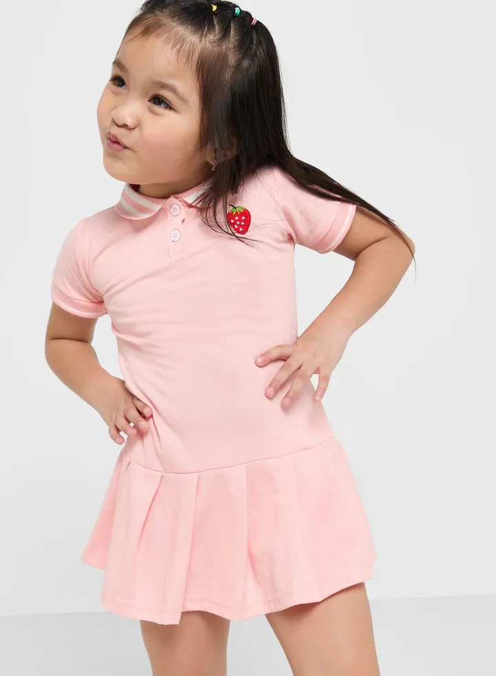 Girls Collared Neck Pleated Casual Dress