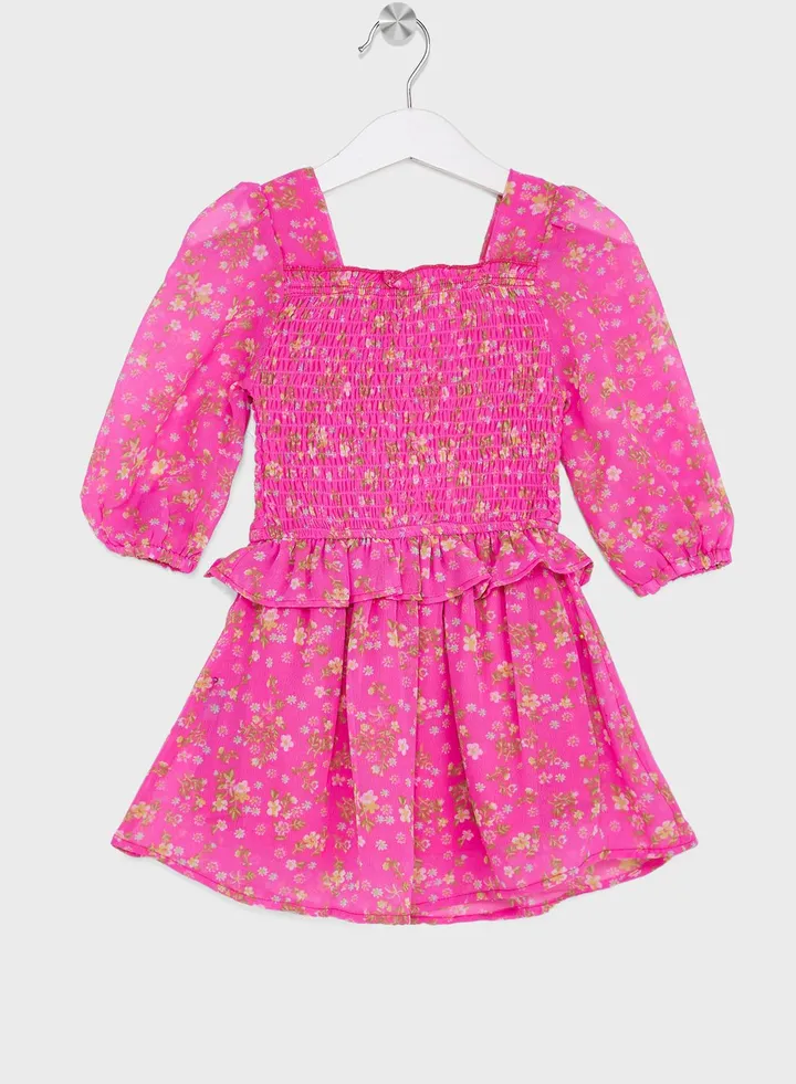 Girls Smocking Floral Printed Dress