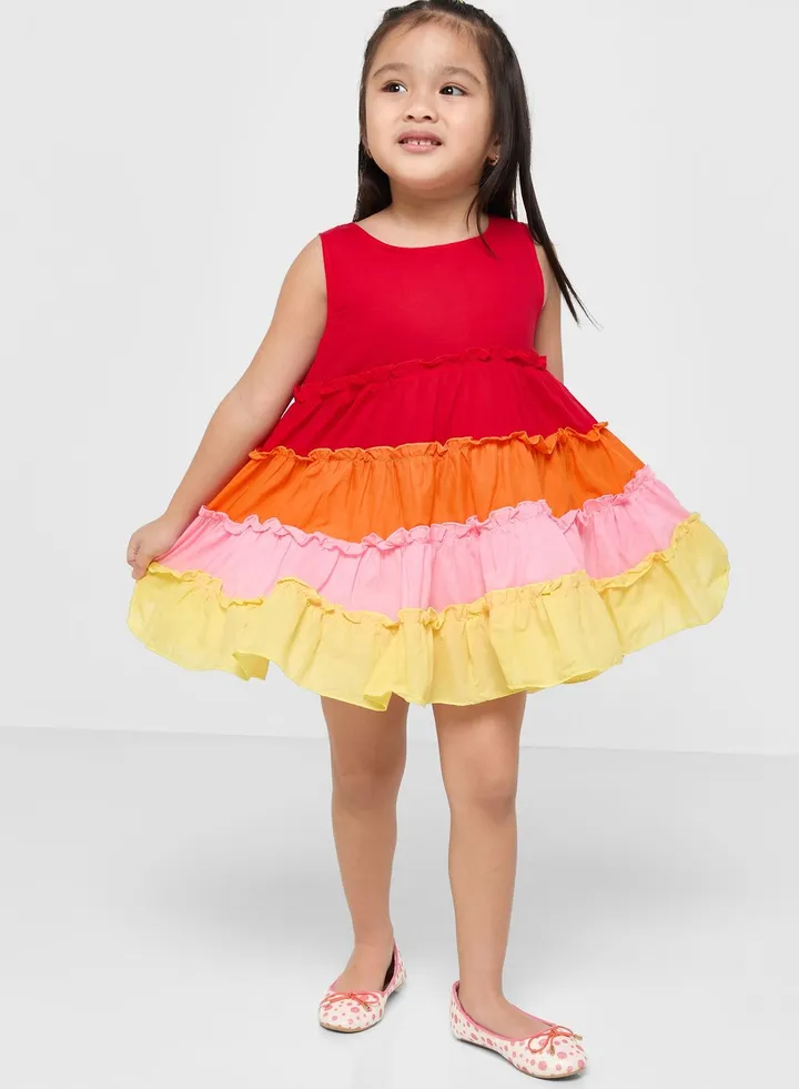 Girls Colorblock Tiered Casual Dress