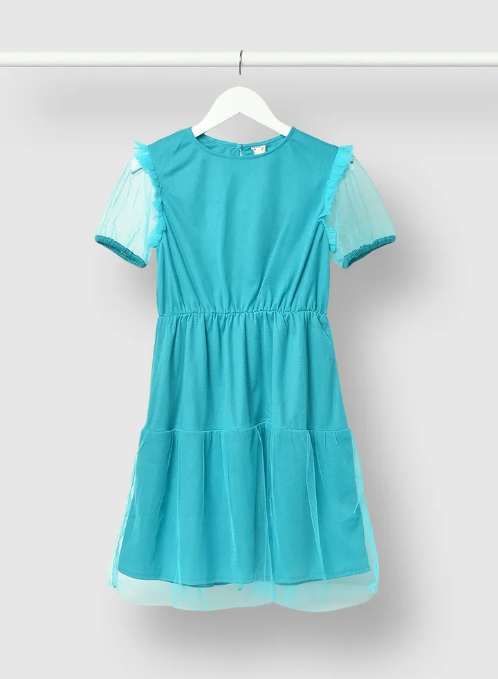 Round Neck Short Sleeve Knee Length Dress Turquoise