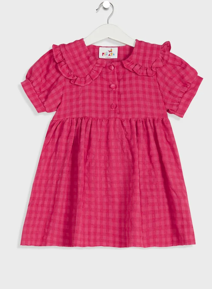 Girls Puff Sleeve Checked Dress