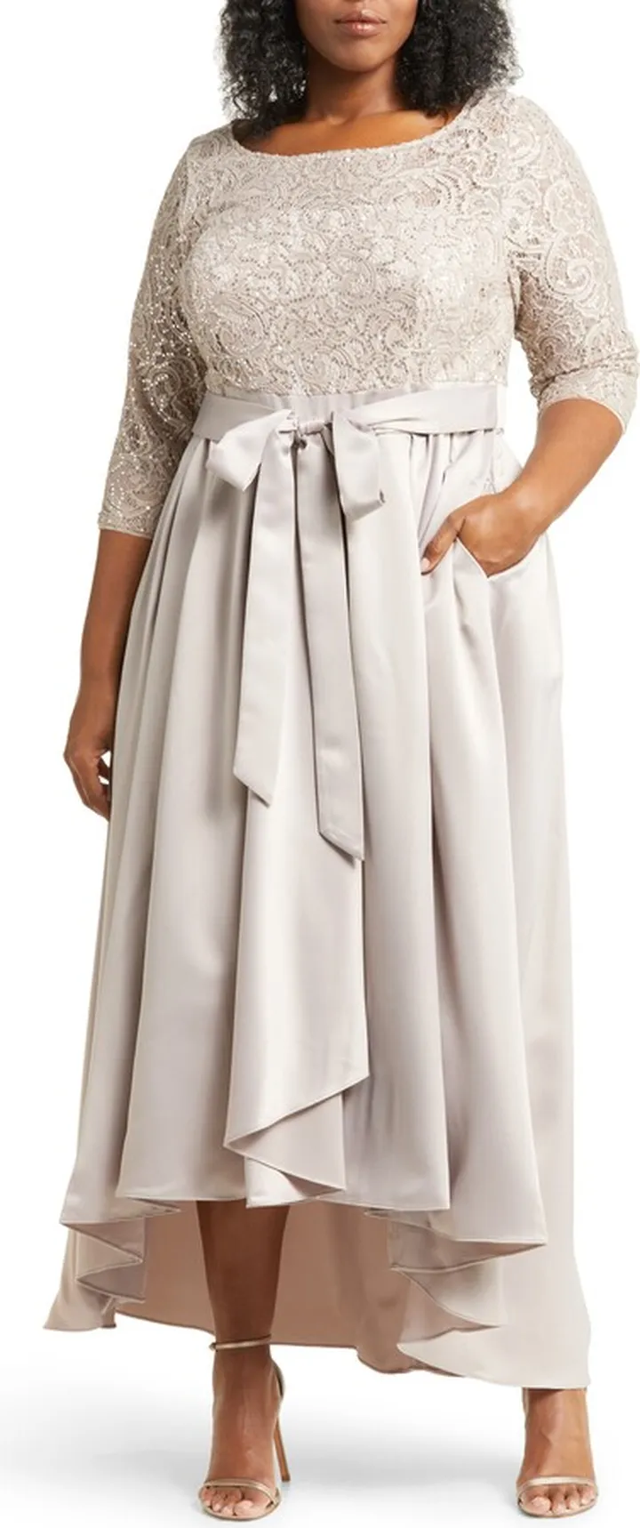 Sequin Lace Belted Satin Dress