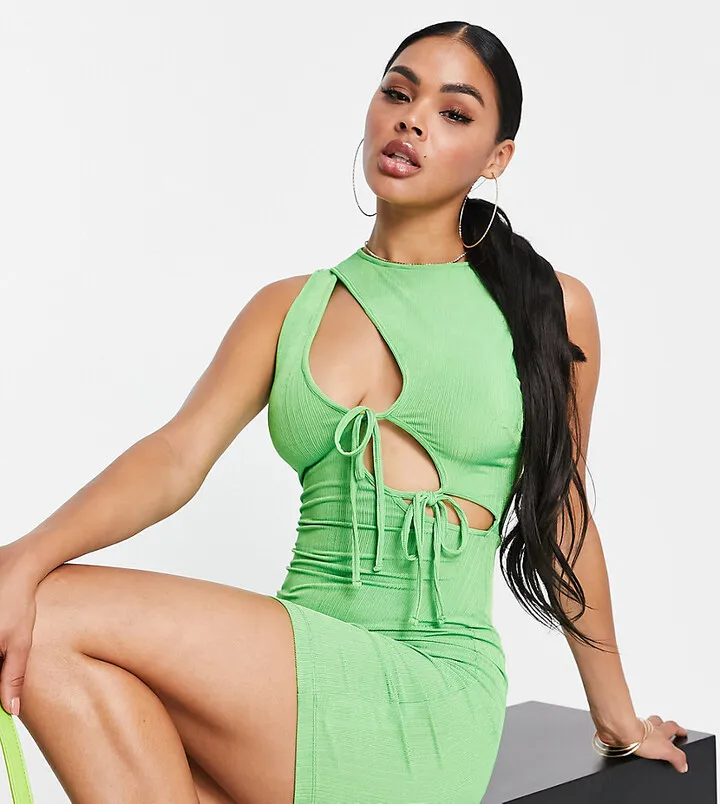 ASYOU cut out tie detail plisse mini dress in green