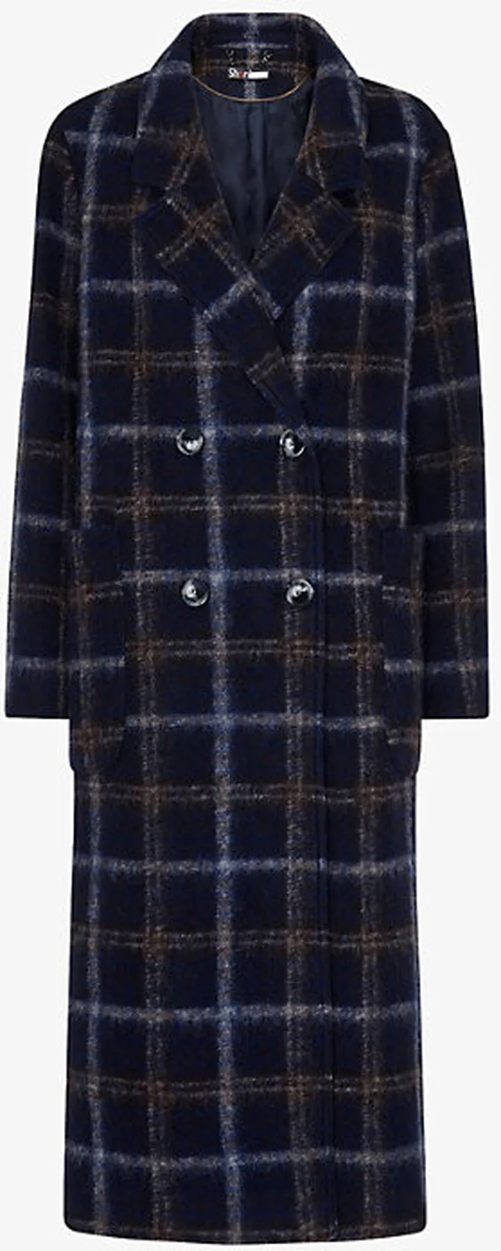 Womens Navy Double-breasted Check Wool-blend Coat