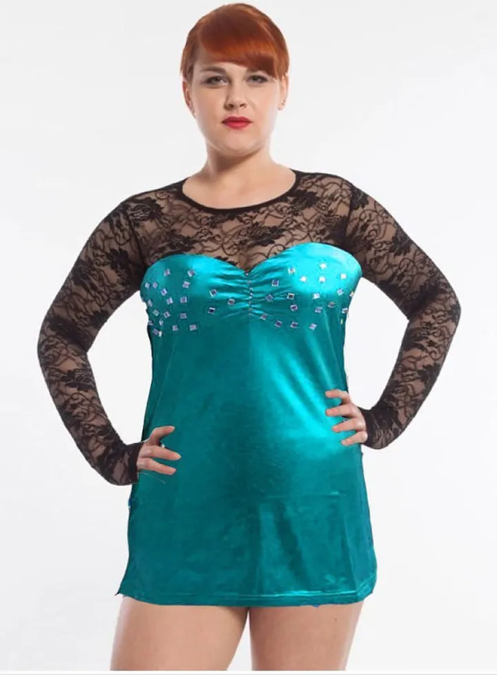 Leather lingerie dress with lace sleeves and capes