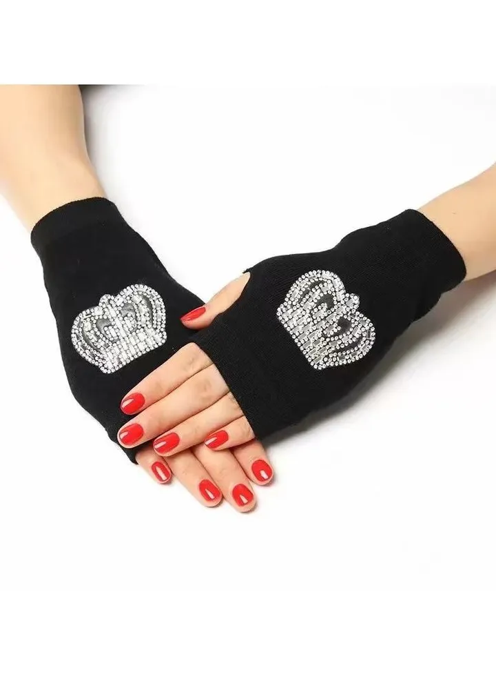 Fingerless Knit Printed Gloves