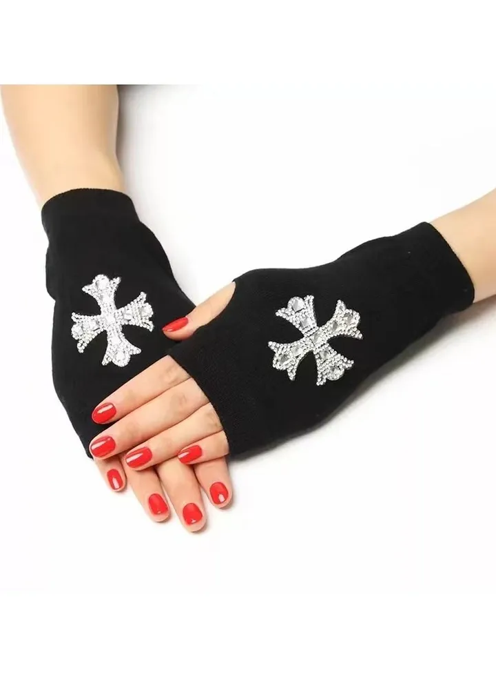 Fingerless Knit Printed Gloves