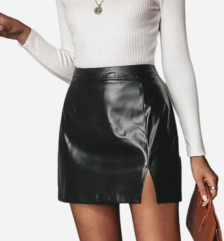 Women's Faux Leather Slit Mini Skirt - Cupshe - Black-XL