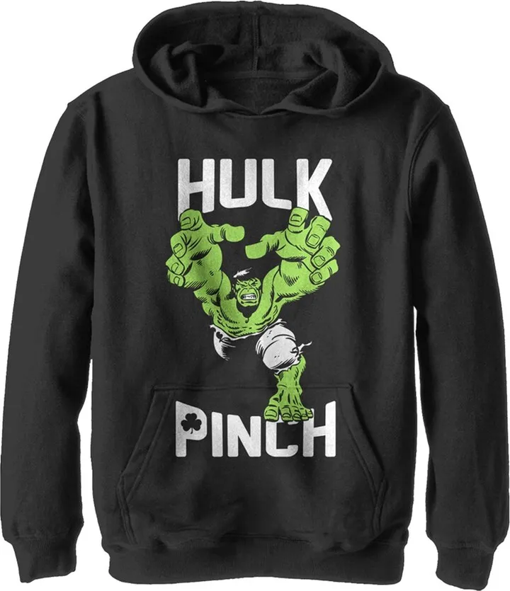 Boy's Marvel St. Patrick's Day Pinching Hulk Pull Over Hoodie - Black - Small
