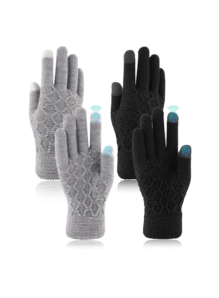 Winter Thermal Touchscreen Gloves, Warm Knit Gloves for Men Women, Thick Fleece Gloves Cycling Gloves with Soft Lining, Elastic Cuff Windproof Outdoors Gloves 2 Pairs