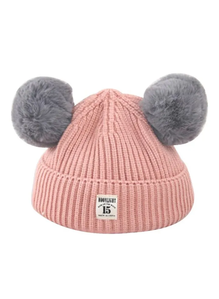 Cute Fur Ball Knitted Beanie Pink/Grey