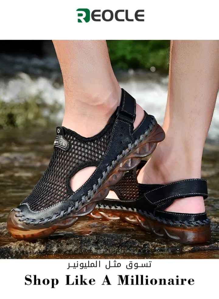Men's Mesh Hiking Sandals Closed Toe Outdoor Shoes Breathable Loafers Slippers Flip Flops Beach Sandal for Hiking & Outdoor Athletic