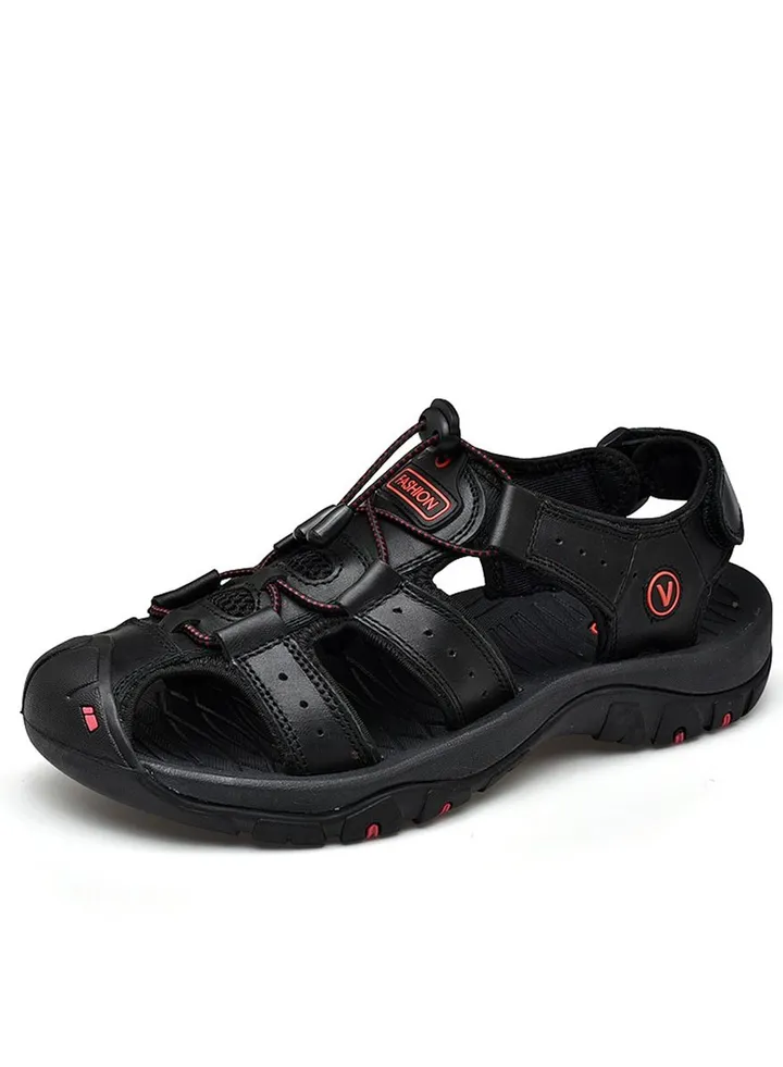Leather Top Layer Leather Velcro Wrapped Sandals Black