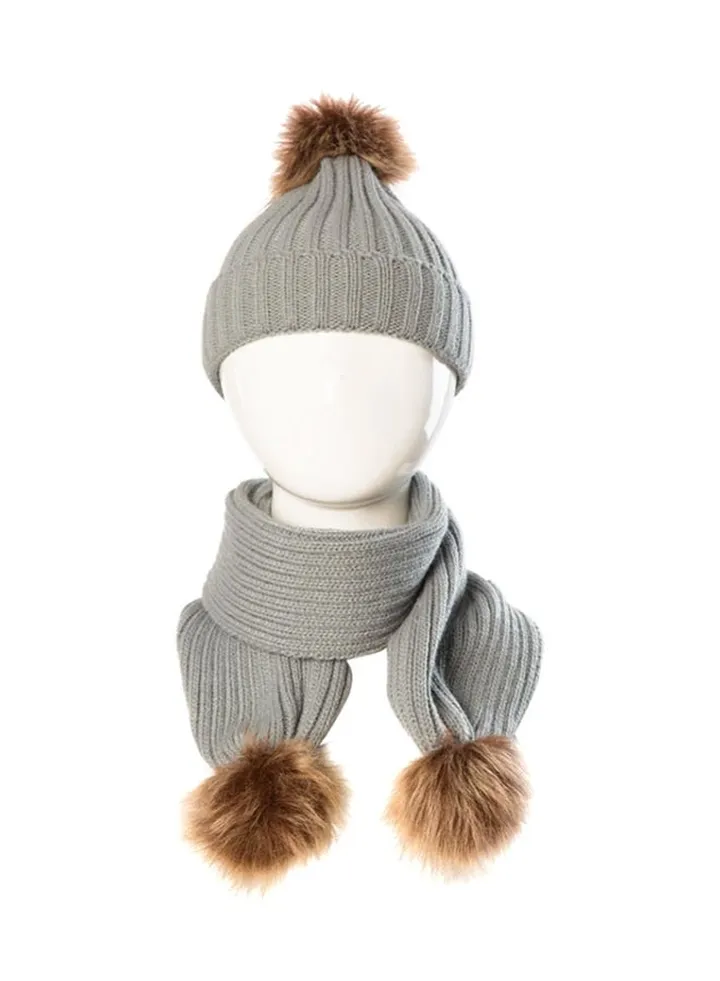 Fluffy Ball Knitted Beanie With Scarf Grey/Brown