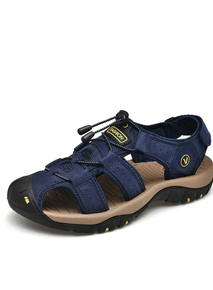 Leather Top Layer Leather Velcro Wrapped Sandals Blue