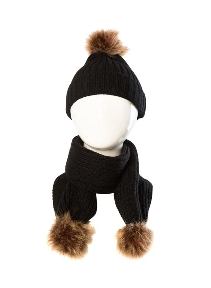 Fluffy Ball Knitted Beanie With Scarf Black/Brown