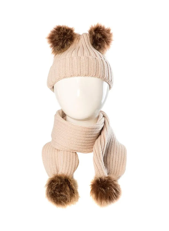 Faux Fur Ball Scarf With Beanie Beige/Brown