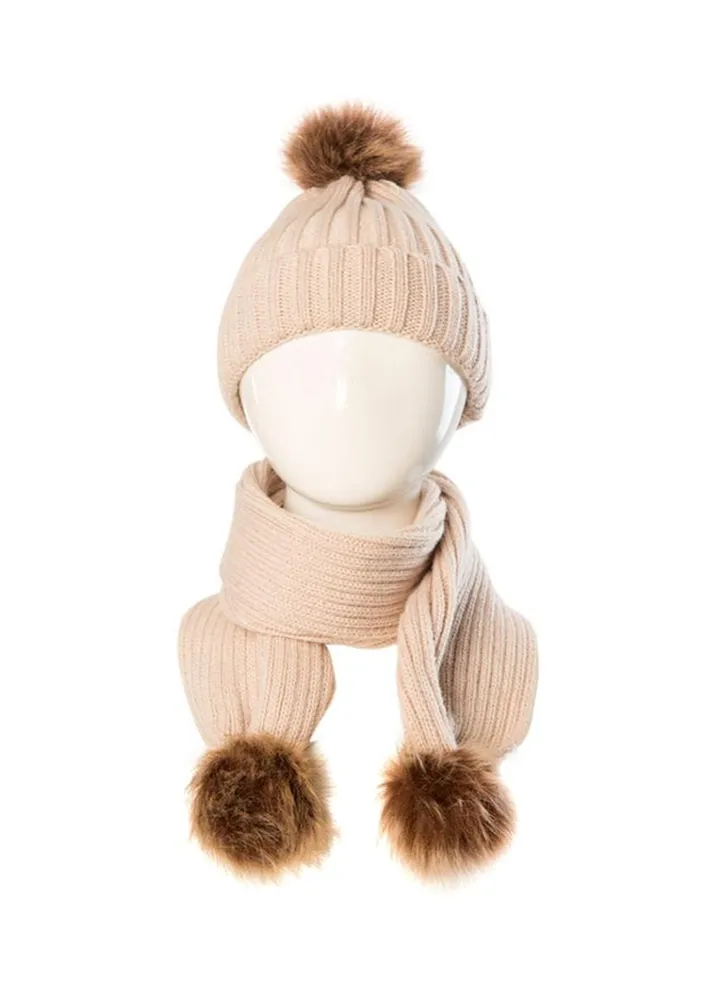Fluffy Ball Knitted Beanie With Scarf Beige/Brown