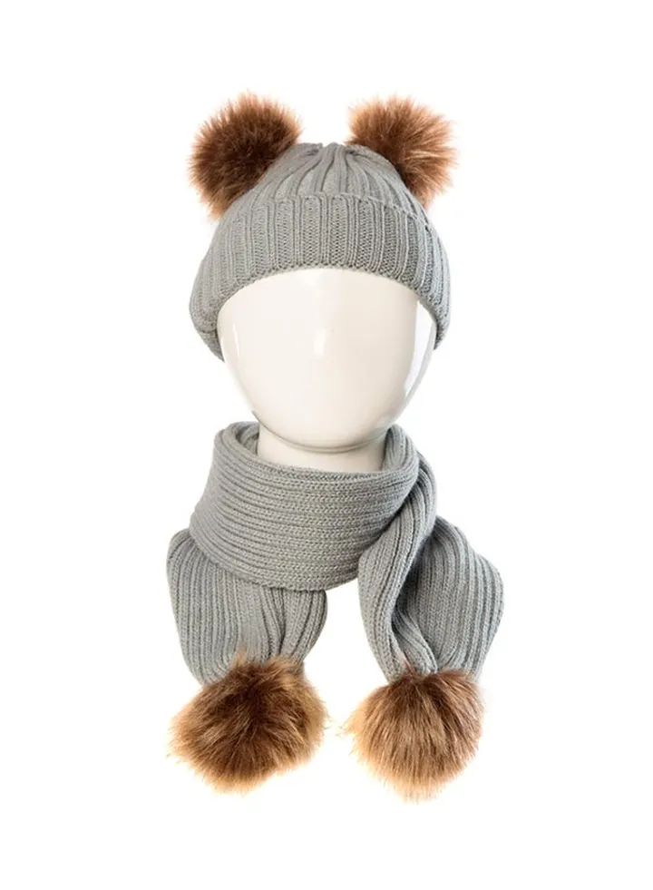 Faux Fur Ball Scarf With Beanie Grey/Brown