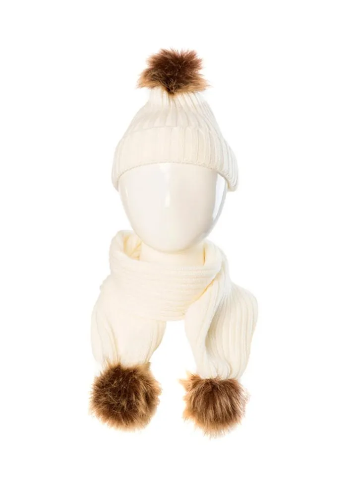 Fluffy Ball Knitted Beanie With Scarf White/Brown