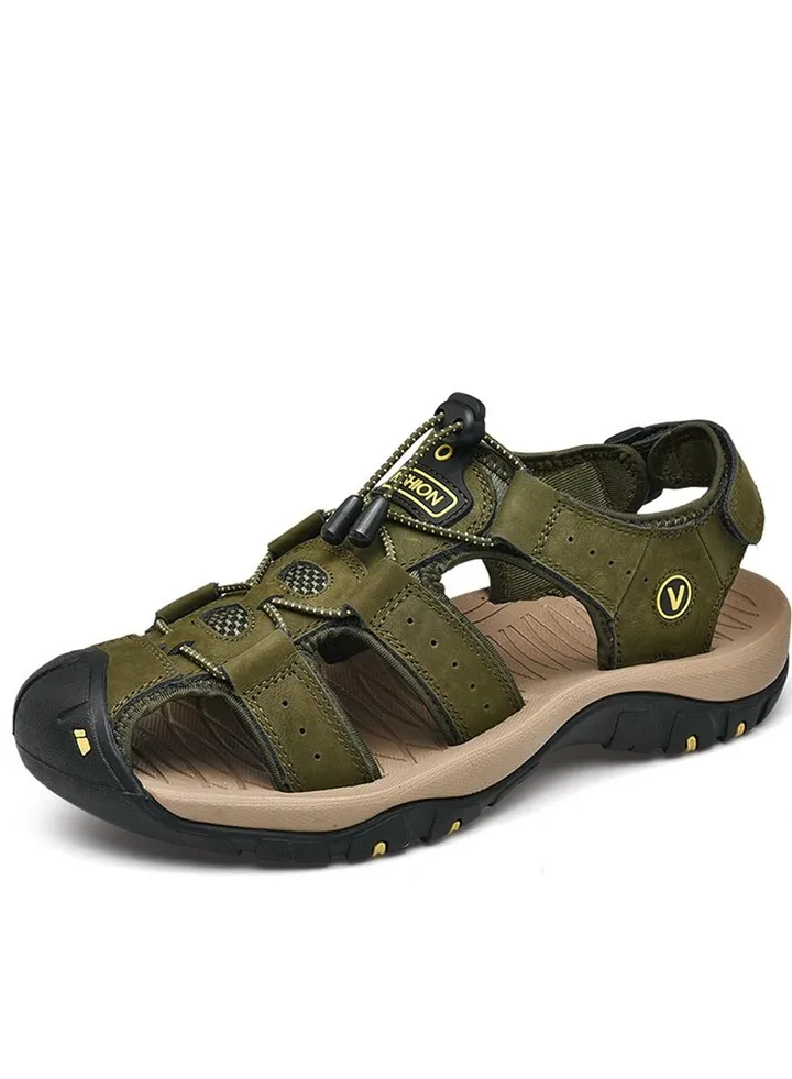 Leather Top Layer Leather Velcro Wrapped Sandals Green