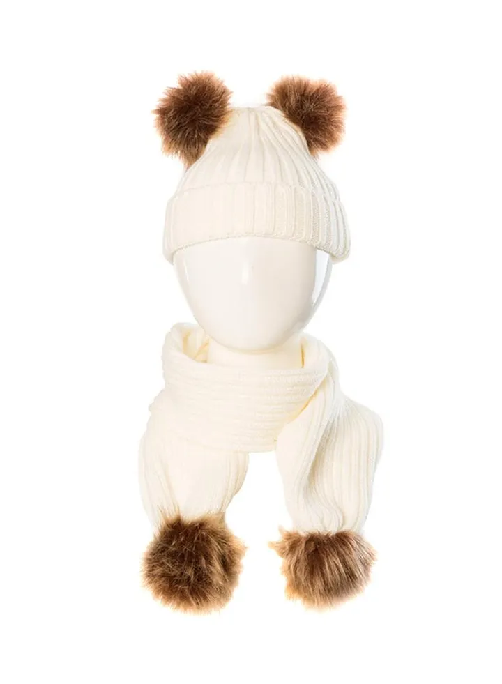 Faux Fur Ball Scarf With Beanie White/Brown