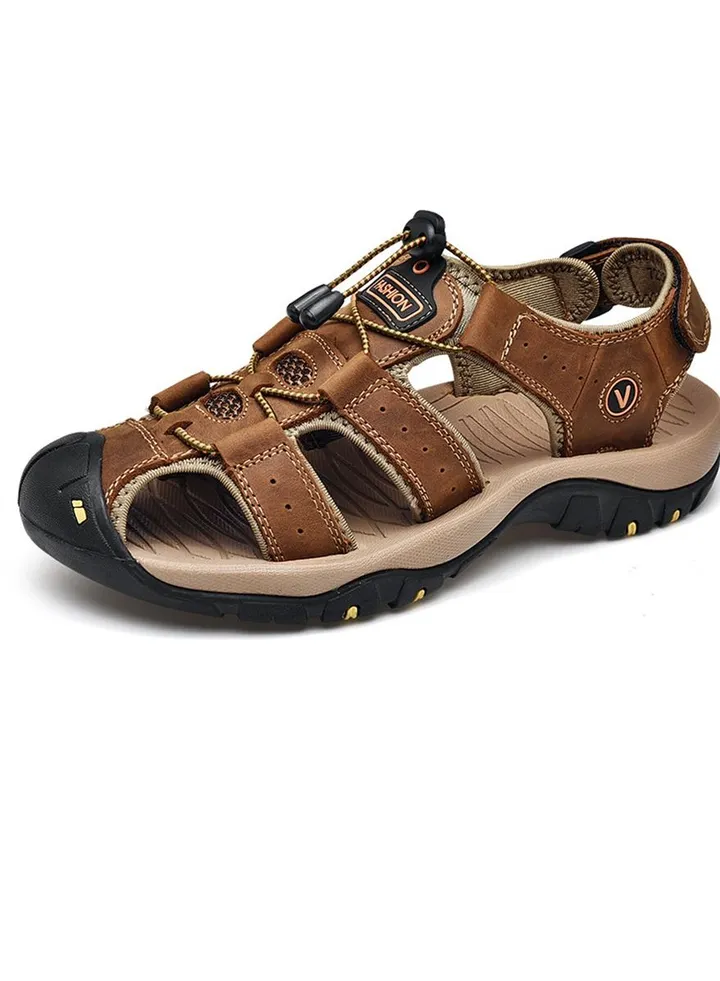 Leather Top Layer Leather Velcro Wrapped Sandals Brown