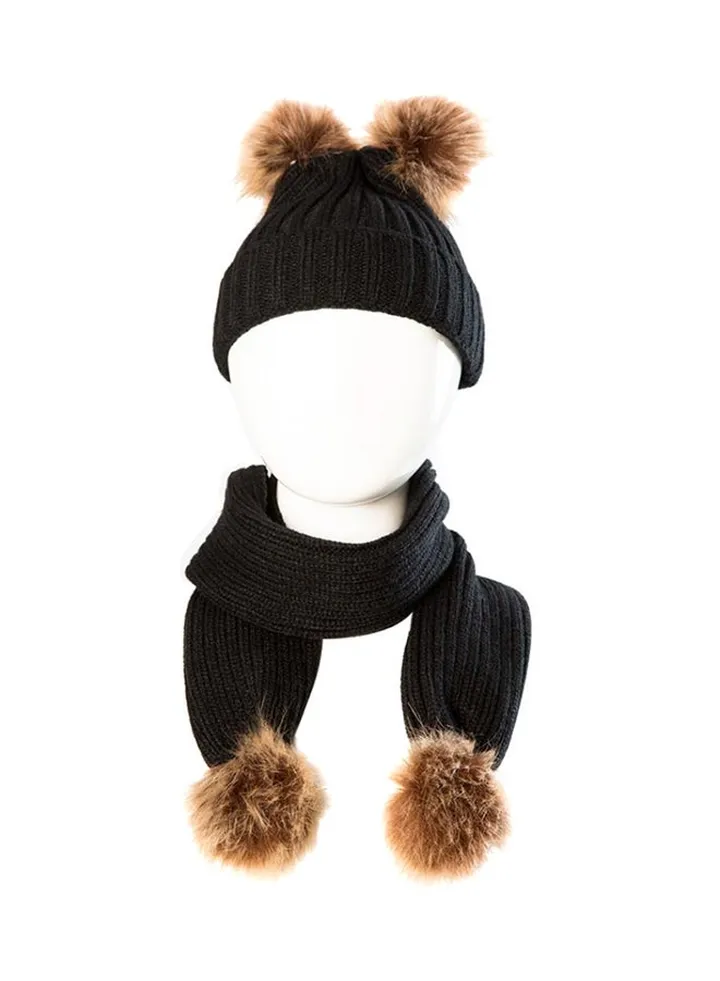 Faux Fur Ball Scarf With Beanie Black/Brown