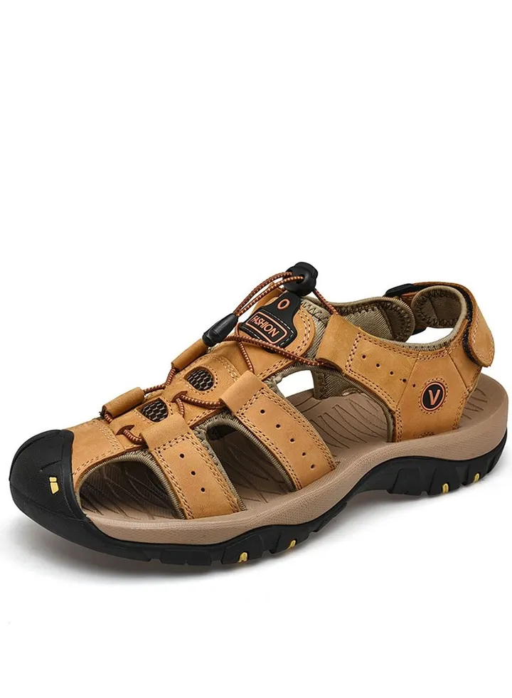 Leather Top Layer Leather Velcro Wrapped Sandals Light Brown