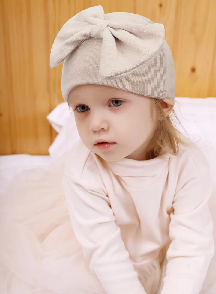 Newborn Bowtie Pullover Hat Beige