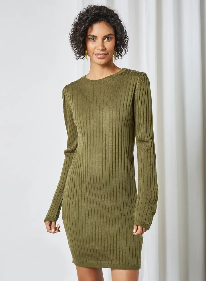 Ribbed Long Sleeve Dress Khaki