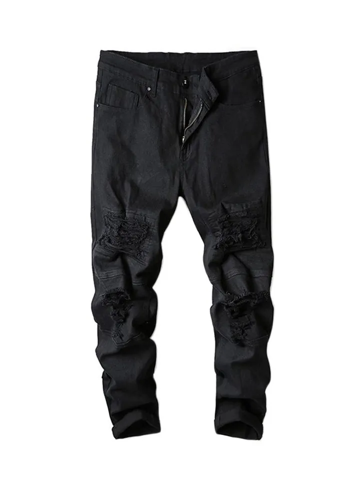 Casual Solid Ripped Cotton Trousers Black