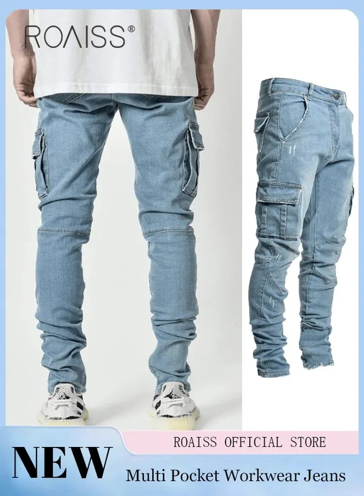 Men'S Fashionable Elastic Pocket Jeans Side Flap Pocket Tight Pants Micro Elastic Versatile Pencil Pants