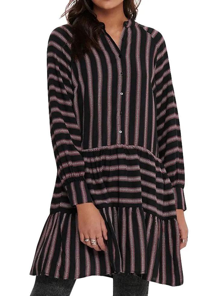 Striped Tiered Long Sleeve Shirt Dress Black/Brown