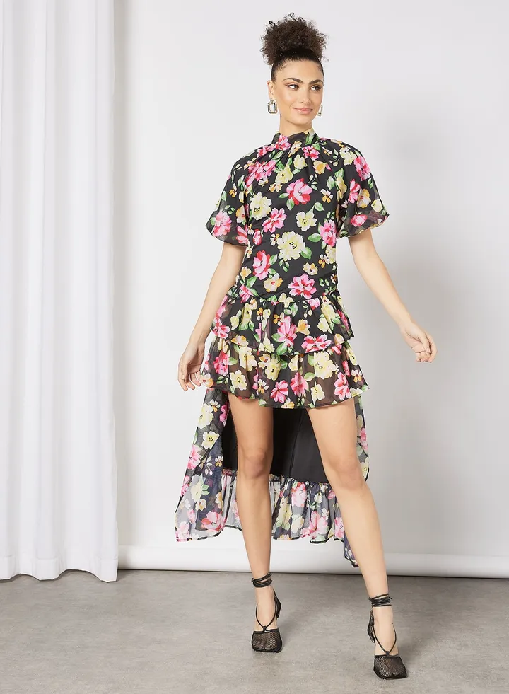 Floral Print High Low Dress Black