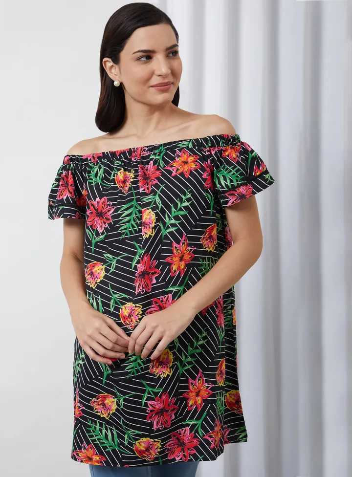 Floral Boat Neck Dress Black Aop