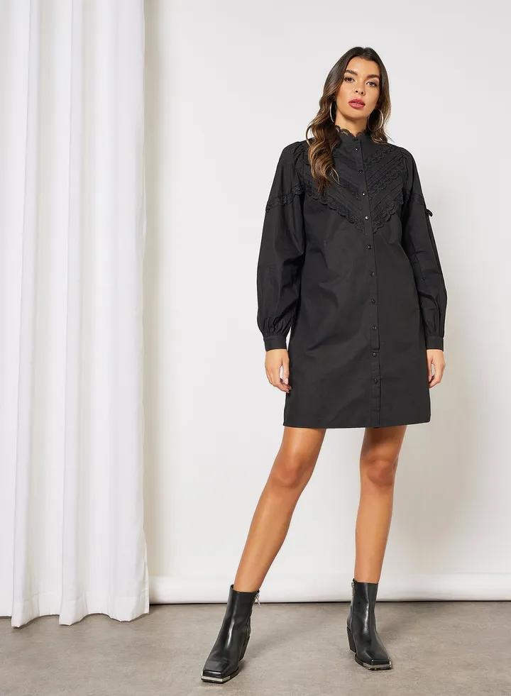 Lace Paneled Long Sleeve Dress Black