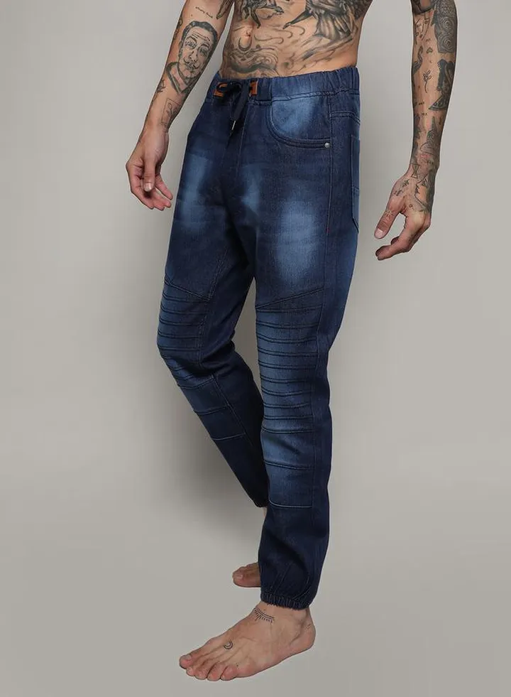 Cinched Hem Textured Jeans with Drawstring