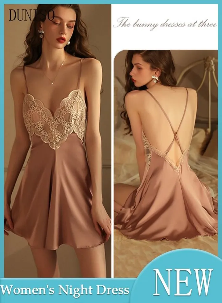 Women's Sleeveless Nightgown Sweet Silk Night Dress Lace V neck Pajama Dress Sleepwear Girls Comfortable Nightwear Summer Home Wear Lounge Dress