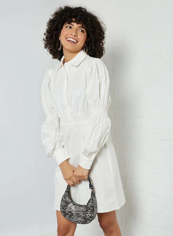 Smocked Detail Dress White