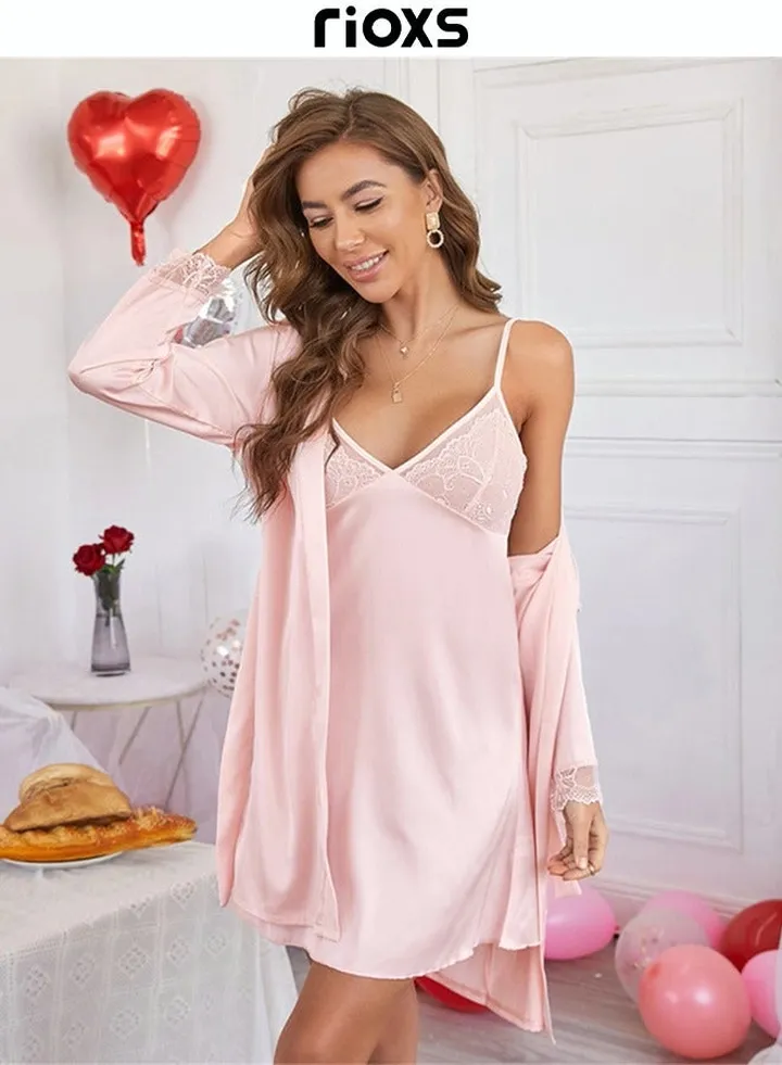 Womens Long Sleeve Pajama Set Pink Lounge Dress Set Sleep Dress And Blouse Set With Lace Trim