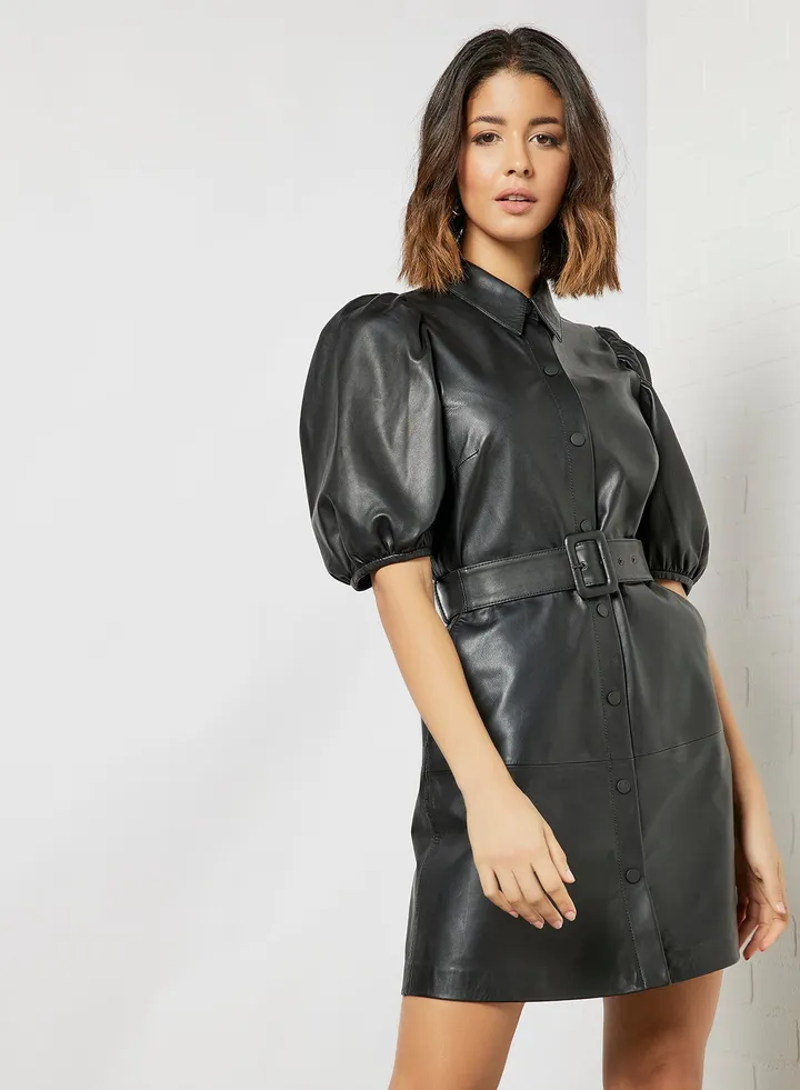 Chrisee Leather Shirt Dress Black